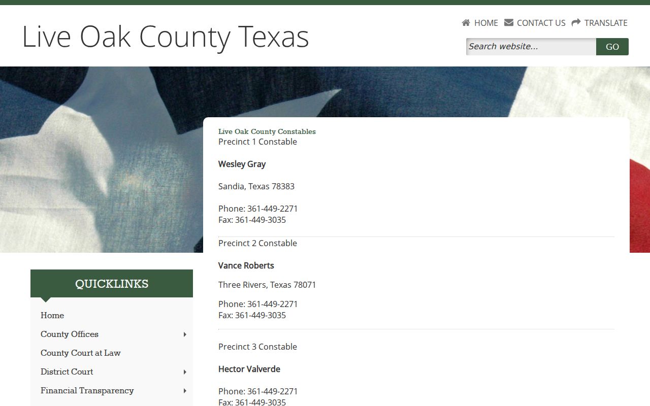 Live Oak County warrant service contacts for constable precincts