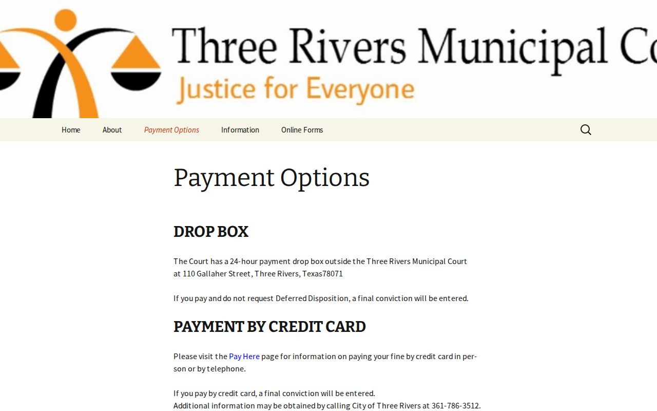 Three Rivers warrant payment information and 24-hour Municipal Court drop box