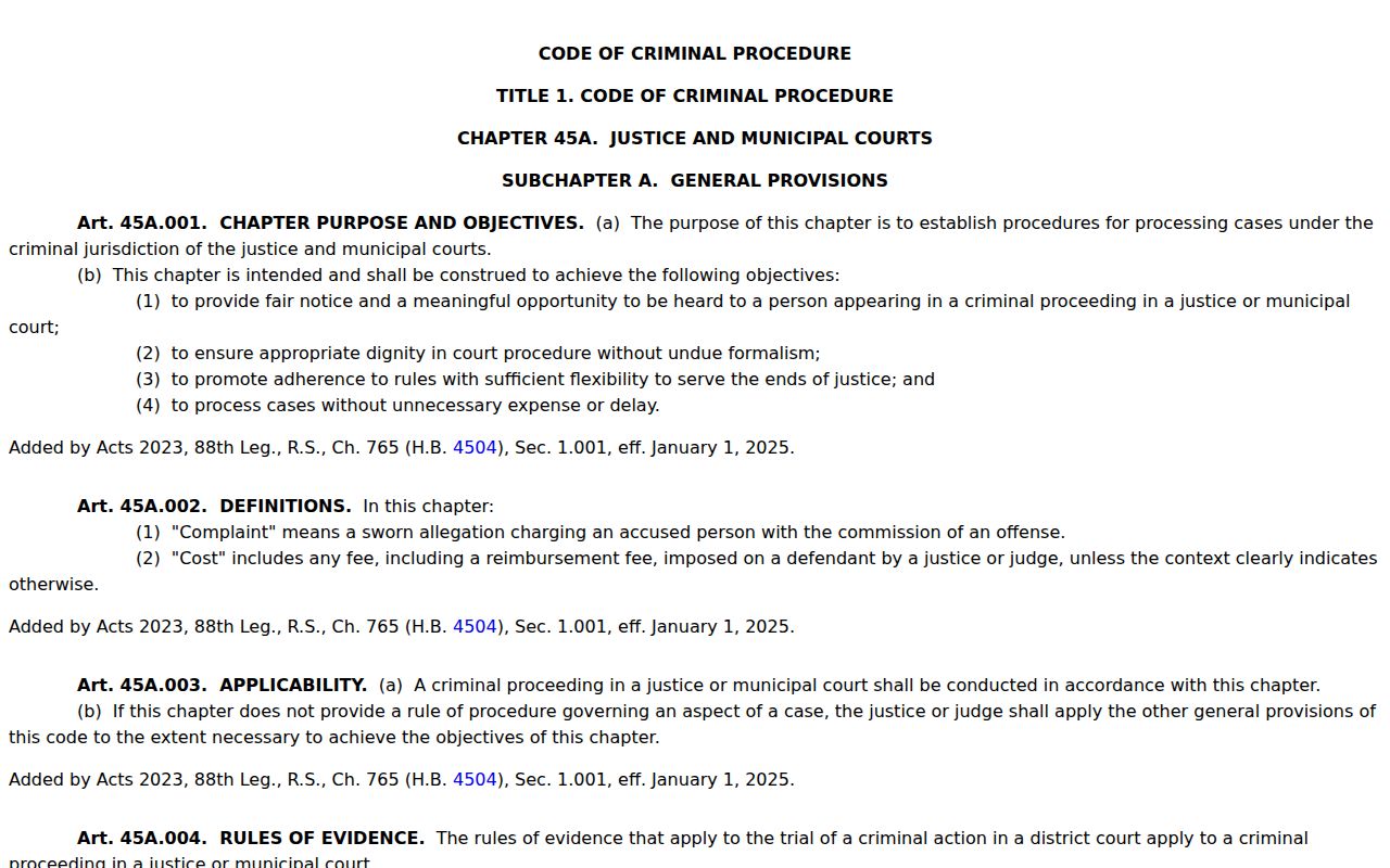 Live Oak County bench warrant recall rules in Texas Code of Criminal Procedure Chapter 45A