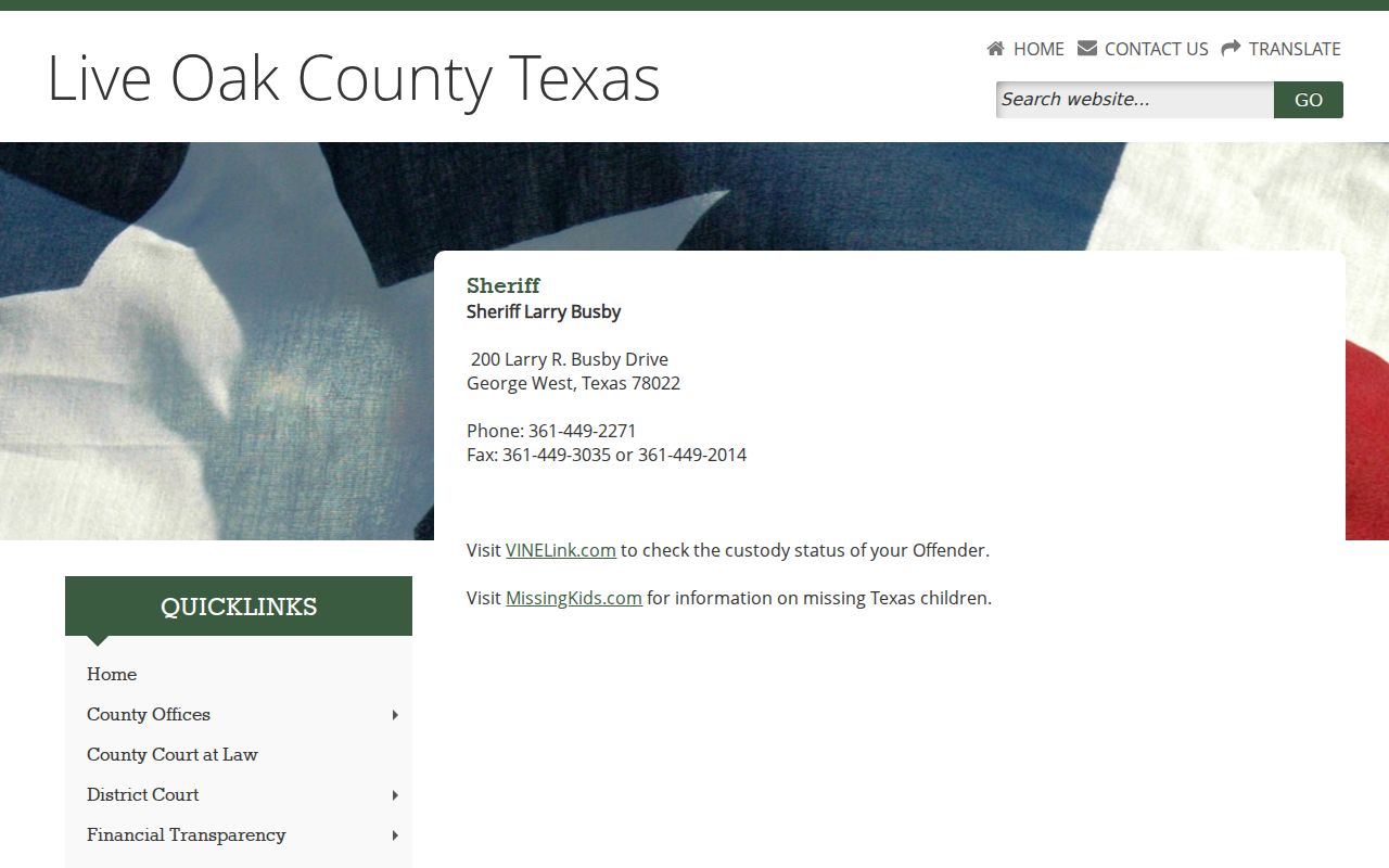 Live Oak County warrant records contact channel on the Sheriff's official page